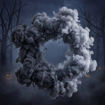 Real smoke exploding outwards with empty center. Dramatic smoke or fog effect for spooky Halloween background.