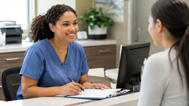 Smiling nurse receptionist in blue scrubs helping a patient at a clinic front desk with clipboard and computer