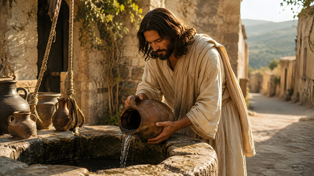 A man in traditional ancient robes pouring water from a clay pitcher into a stone well in a rustic village