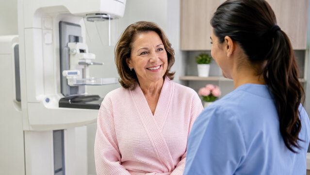 Older woman in a pink robe smiles while speaking with a healthcare professional beside a mammography machine during a breast screening appointment