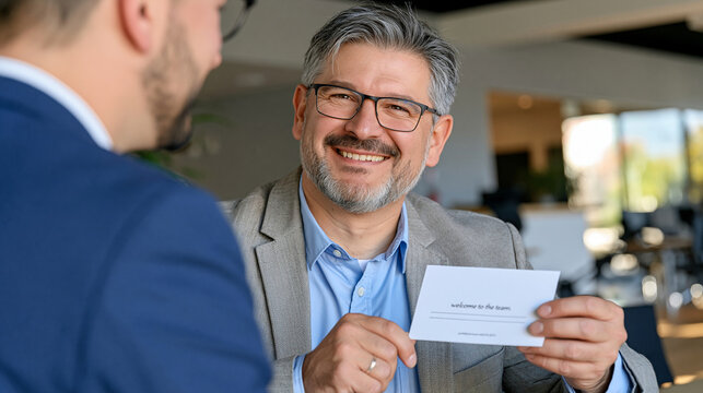 Senior businessman welcoming a new employee by holding a simple card reading welcome to the team, card and hands in precise focus, face intentionally excluded from the frame, bright spacious corpora