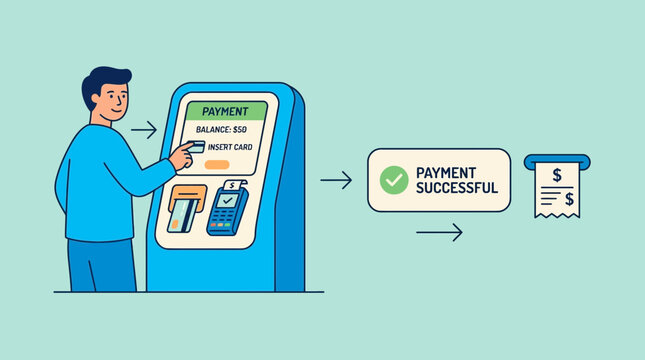 Man using ATM for successful payment and getting receipt