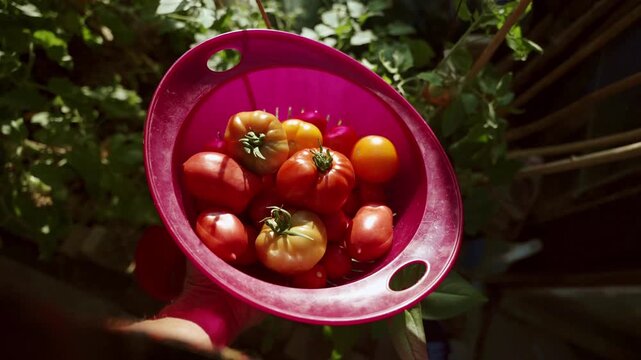 Ripe, multicoloured tomatoes in a plastic bowl, held in the gardener&rsquo;s hand and bathed in sunlight. 4K footage 