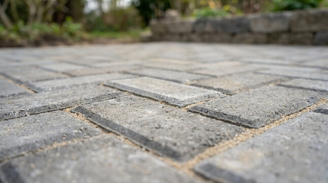 Close-up view of an outdoor paved stone walkway with a herringbone pattern and blurred greenery in the background.