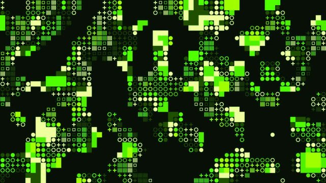 Abstract digital data background with moving green squares and circles, pixel art style, perfect for technology and gaming concepts.