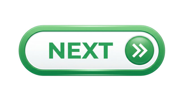 Glossy green next button with arrow isolated on transparent background