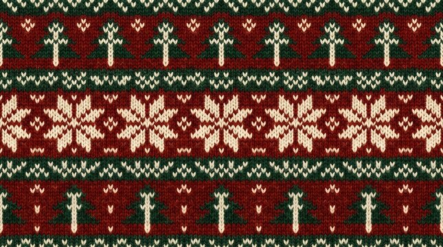 Dark red and brown cozy knitted winter pattern with geometric fair isle snowflakes and traditional Scandinavian ornaments.