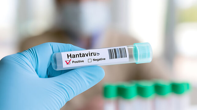 A medical professional in blue glove hold test tube with hantavirus positive result label in modern laboratory setting for healthcare use