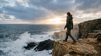 Fototapeta premium Adventurous Woman Standing on a Dramatic Wild Ocean Cliff