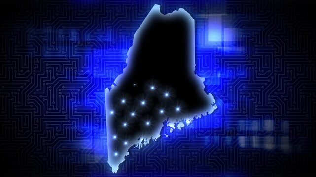 Animated Maine map with glowing digital network connections over a circuit board background representing AI data centers and technology infrastructure. 15386  