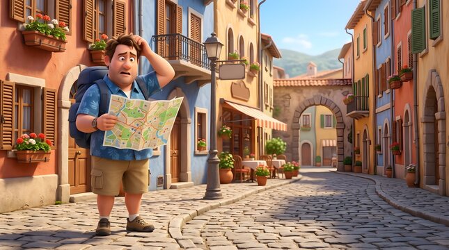 3D stylized confused tourist holding paper map upside down on old European street