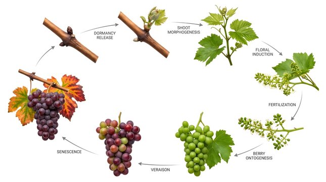 Grapevine growth cycle illustration. Grape development stages from winter bud dormancy release to ripe red grape harvest. Infographic on white background