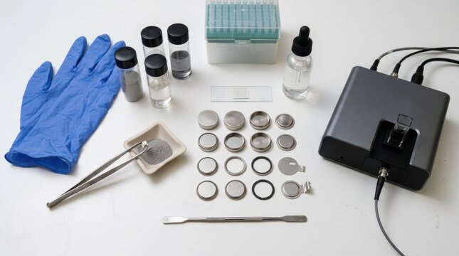 Battery research tools with sample vials, ceramic powder, coin-cell cases, tweezers, gloves, microscope slide, and compact spectrometer on white laminate.