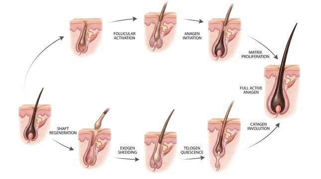 Hair growth cycle vector illustration. Diagram showing follicle development stages from anagen to telogen. Medical skin cross section diagram on white background