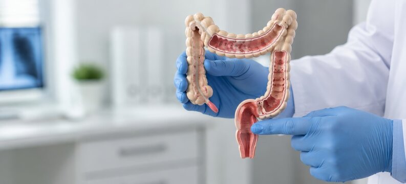 Doctor in blue gloves holding anatomical model of human intestine and pointing at rectum. Hemorrhoid and colon disease diagnosis concept. Gastroenterology, proctology medicine and healthcare education