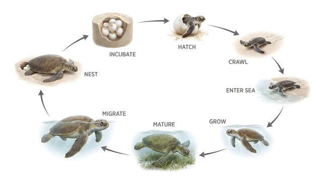 Sea turtle life cycle vector illustration. Showing nest, incubate, hatch, crawl, enter sea, grow, mature, migrate. Educational infographic design