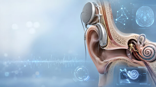 Cochlear implant inner ear anatomy with futuristic treatment planning interface, photorealistic healthcare technology concept for audiology, medical education, radiology, and patient education