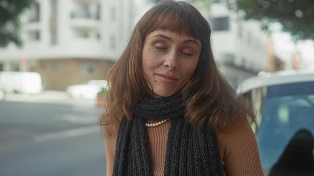 Woman wearing a dark scarf and pearl necklace looking to the side on street with car and building in view; contemplation.
