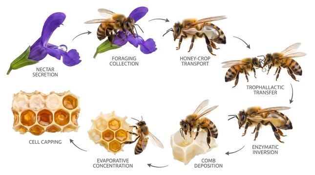 Honey production life cycle and nectar processing stages vector infographic. Educational biology diagram illustrating bee foraging, trophallactic transfer, and honeycomb deposition