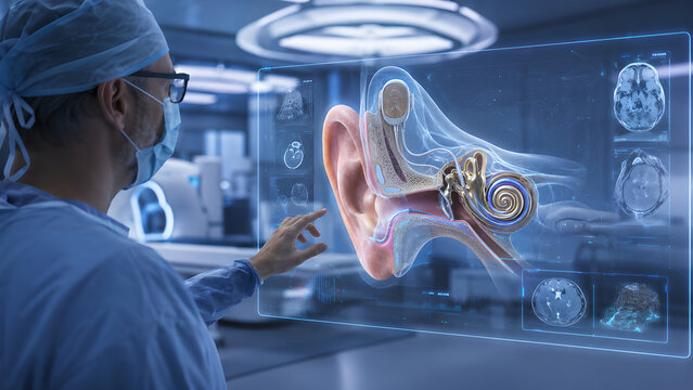 Cochlear implant inner ear anatomy with futuristic treatment planning interface, photorealistic healthcare technology concept for audiology, medical education, radiology, and patient education
