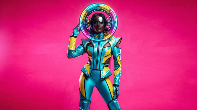 Fashion Model in Cyberpunk Suit Posing on Pink Background