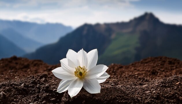 single white flower blooming in dark soil mountains in background