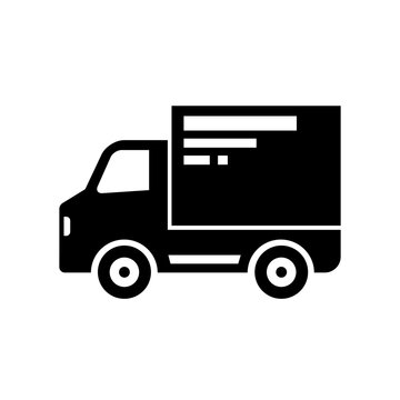 Black truck vector icon on white background, delivery van