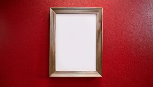 blank vertical photo frame mockup with wooden border hanging on red wall background interior