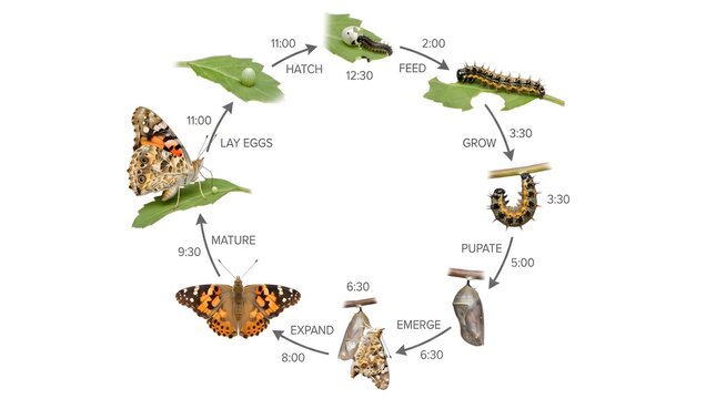 Butterfly life cycle stages diagram. Egg, caterpillar, chrysalis, and adult painted lady butterfly. Educational biology vector infographic on white background