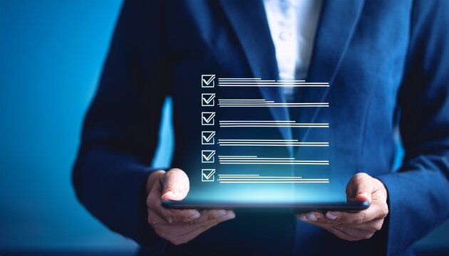 business professional checking digital checklist and task progress on tablet screen with checklist business