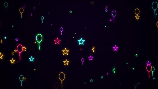 Festive colorful neon balloons and shining stars glowing in a digital celebration pattern