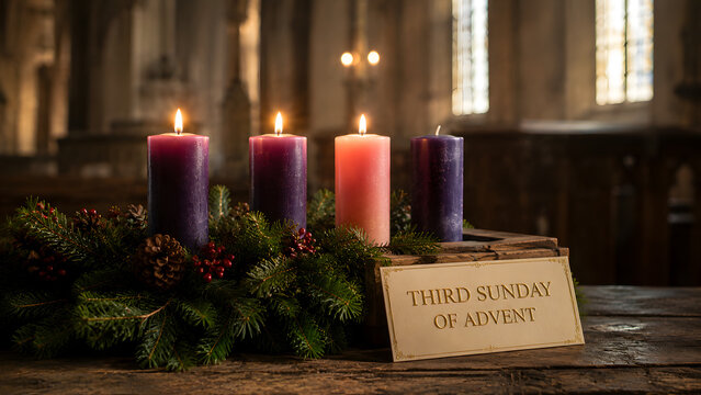 Advent wreath with three lit candles including a pink one on a wooden table in a church for the third sunday of advent