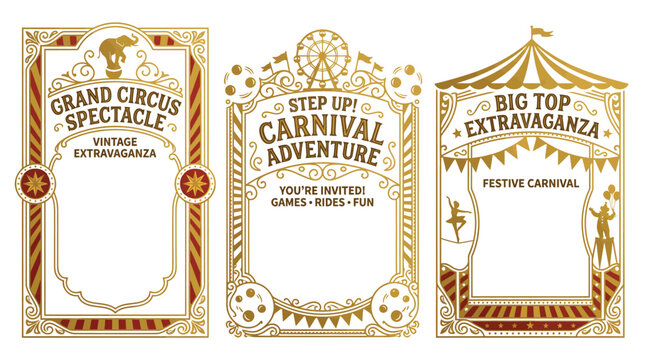 Set of Vintage Circus and Carnival Poster Templates with Gold Ornate Borders