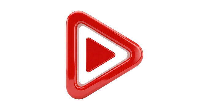 Red play button inside a triangle frame isolated on transparent background