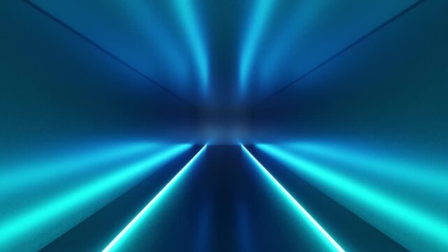 Endless corridor with neon lines tending up and moving forward a concrete corridor illuminated with blue neon lights. Futuristic abstract colorful background in bright neon blue colors. 3d animation