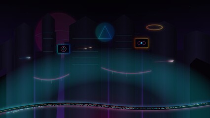 Neon Cyberpunk City Skyline with Holographic Glowing Skyscrapers © Valdasyi