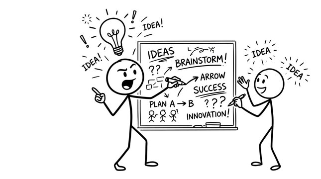 Stick figures brainstorming ideas and innovation at whiteboard.