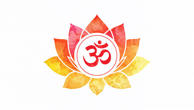 Watercolor om symbol inside a orange and yellow lotus flower blossom illustration with watercolor spiritual meditation buddhism hinduism wellness abstract illustration botanical religious