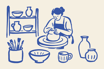 Obraz premium Pottery Making and Ceramic Workshop Hand Drawn Set