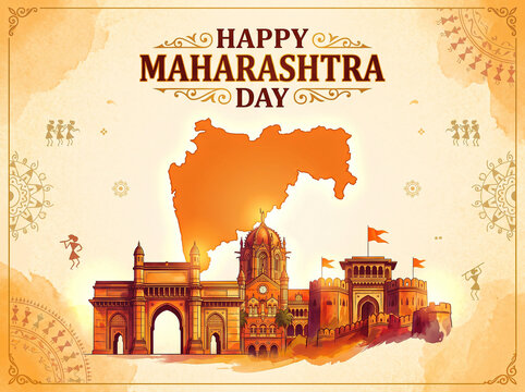 Artistic maharashtra day greeting with watercolor style landmarks and state map outline with warli tribal motifs.