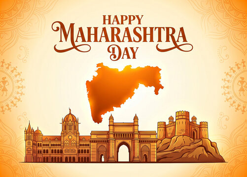 Happy maharashtra day greeting card featuring outline map of maharashtra state, historical landmarks, and cultural patterns.