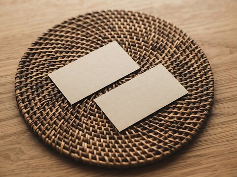 Two blank business cards on a round woven textured mat