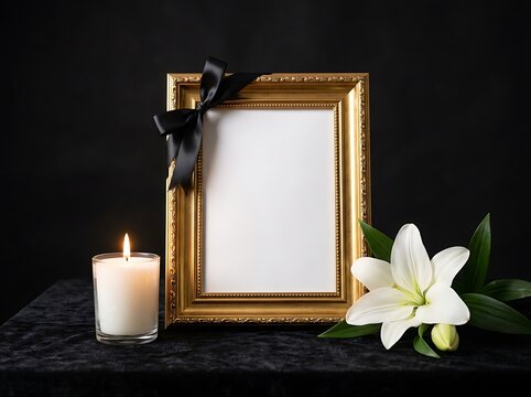 Funeral photo frame with black ribbon candle and white lily