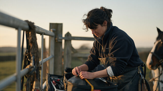 An equine therapist at twilight packing a handpan drum into padded transport cases by a field gate, a tape measure stretched across the instrument shell, symbolic still life of