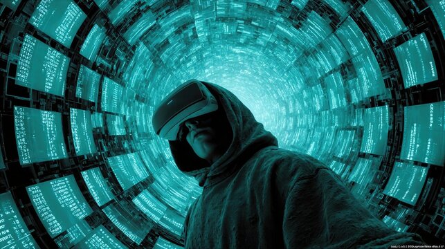 User interacts with virtual reality in a digital environment filled with codes