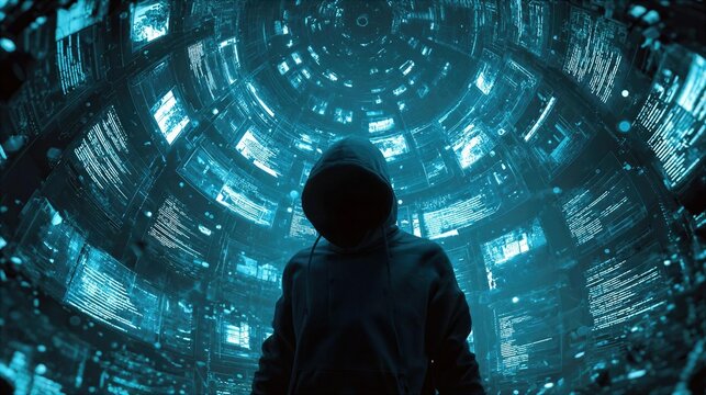 Person with a hood stands in a digital space surrounded by coding and blue light patterns