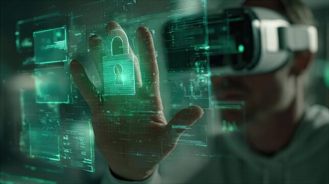 Man using virtual reality headset with digital lock interface displayed on screen