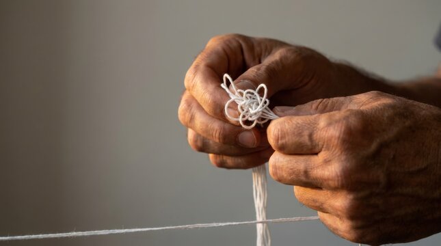 Artisan Hands Threading Delicate Beads with Needle and String at Table