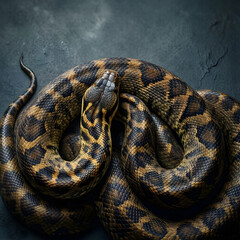 Fototapeta premium Wildlife conservation and biodiversity, coiled python snake with patterned scales on dark textured background for nature and biology research projects