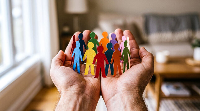 Diverse group paper cutout human figures held in cupped hands representing unity inclusion community support and social collaboration within professional setting.